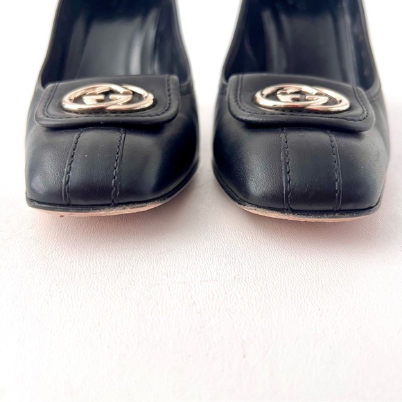 GUCCI | Black Leather GG Interlocking Logo Square Toe Pumps Heels Vintage US 8 - Picture 4 of 14